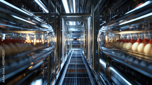 Automated egg collection lines in robotic chicken farm showcase modern agricultural setup. sleek design and efficient layout highlight innovation in poultry farming
