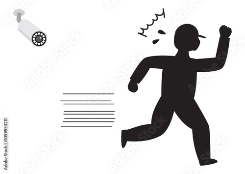 バレット型防犯カメラに気づいて、ビクッとして焦って逃げる男性シルエット、右向き