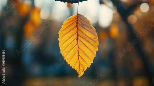 Close-up of a yellow autumn leaf. A bright orange tree changes with a blurred bokeh background.  photo