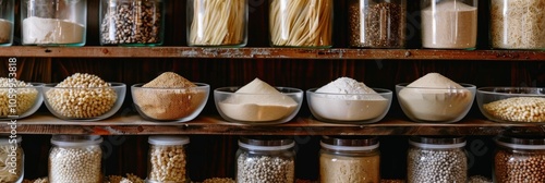 A photo of a shelf filled with different forms of buckwheat including flour groats and noodles emphasizing the variety of ways in which it can be incorporated into meals.