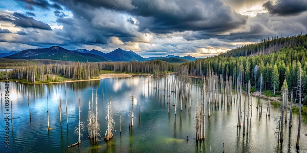Obraz premium Aerial view of dead trees on lakeshore with cloudy sky and distant mountain forest