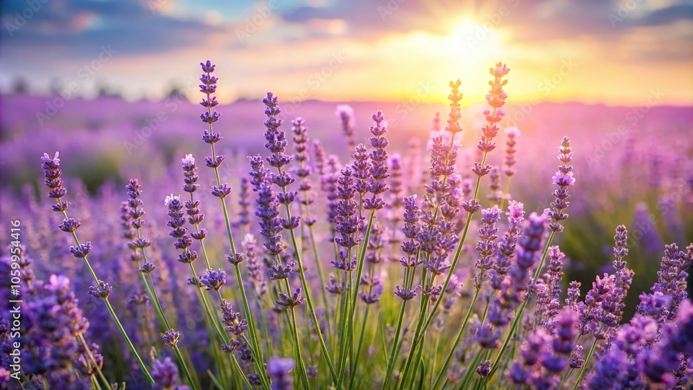 Naklejka premium A serene lavender field with tall, slender flowers blooming in the sunlight, calming, blooming, wildflowers, flowers