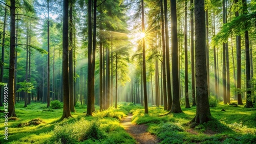 A serene and peaceful forest scene with tall trees and lush greenery, foliage, woods, forest