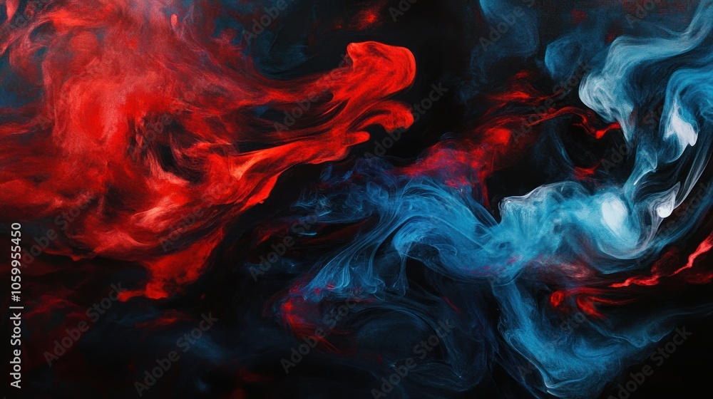 Fototapeta premium Abstract background with red, blue, and white smoke swirls on a black background.