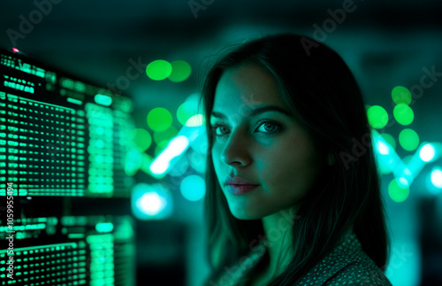 Dark-haired woman in white jacket with futuristic finance holograms, analytical and modern
