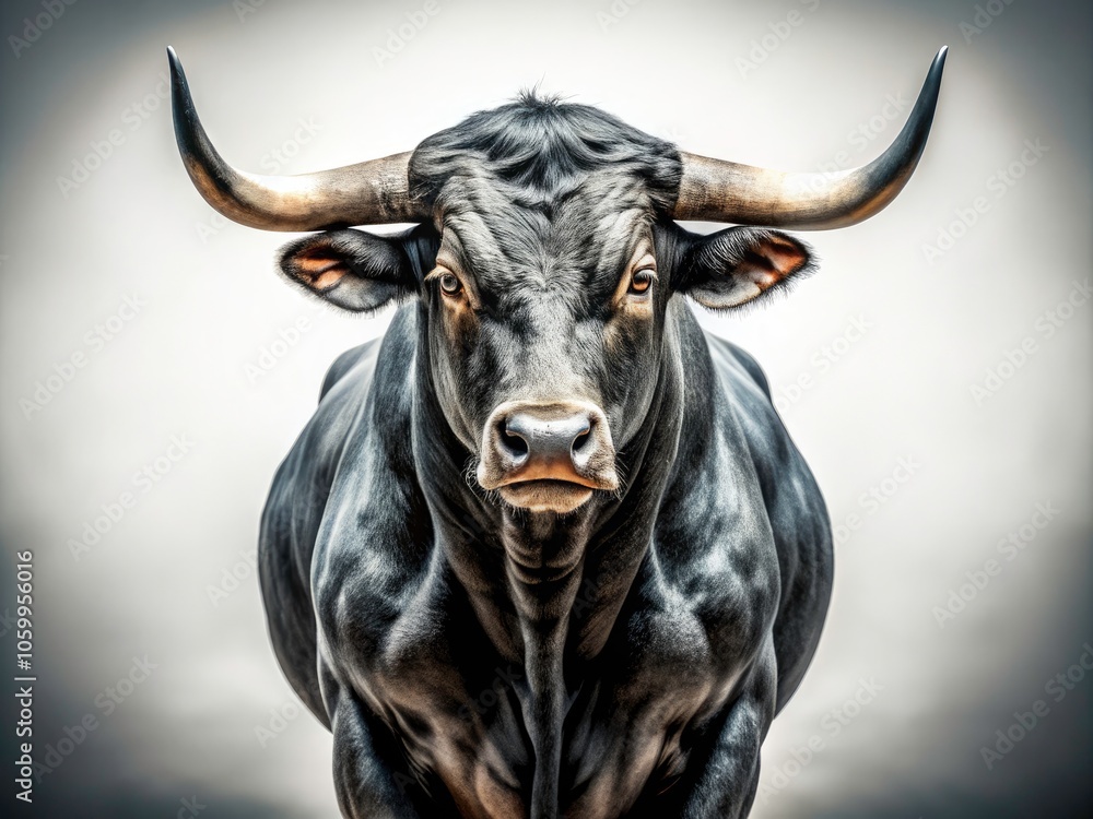 Naklejka premium Fashion Photography: Bold Bull Staring Forward on Isolated White Background for Modern Editorial and Advertising Concepts, Symbolizing Strength, Power, and Determination in Contemporary Style