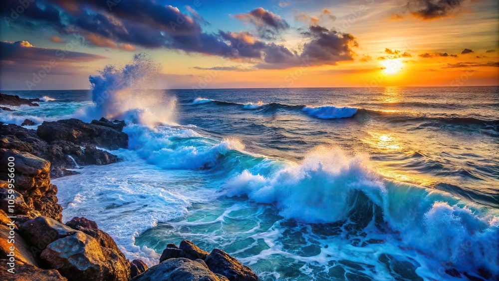 Fototapeta premium Deep blue ocean waves crashing against a rocky shoreline at sunset, natural beauty, sea and sky, daybreak light