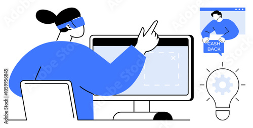 Woman wearing VR headset interacting with a computer screen while a cash back offer displays. Ideal for online shopping, cash back rewards, digital marketing, VR technology, and innovative ideas