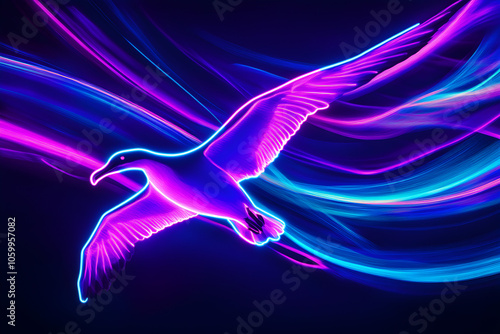 A dynamic illustration of a neon albatross soaring through electric blue and purple light trails on a sleek black background. photo