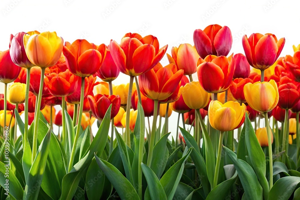 Obraz premium Flowerbed with red and yellow tulip isolated on white background panoramic