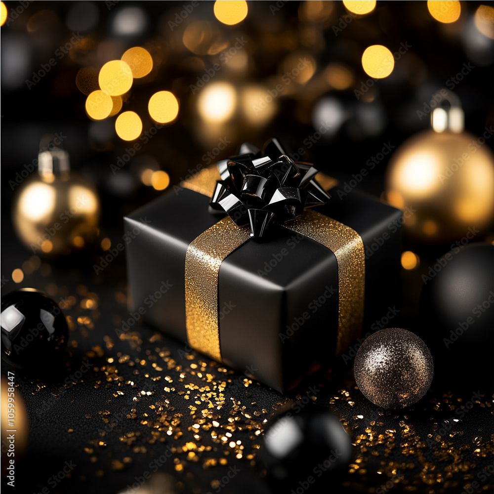 Black gift box with golden ribbon on dark background with bokeh lights. Black Christmas present gift for holiday celebration, party and birthday greeting card Black gift box with golden ribbon on dark background with bokeh lights. Black Christmas present gift for holiday celebration, party and birthday greeting card