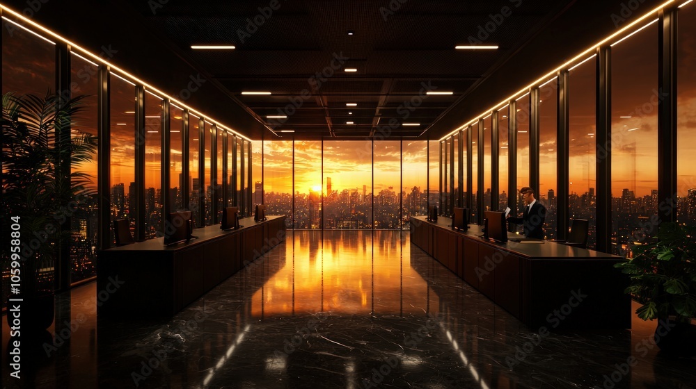 Modern Office Space with Stunning Sunset View Over City Skyline Modern Office Space with Stunning Sunset View Over City Skyline