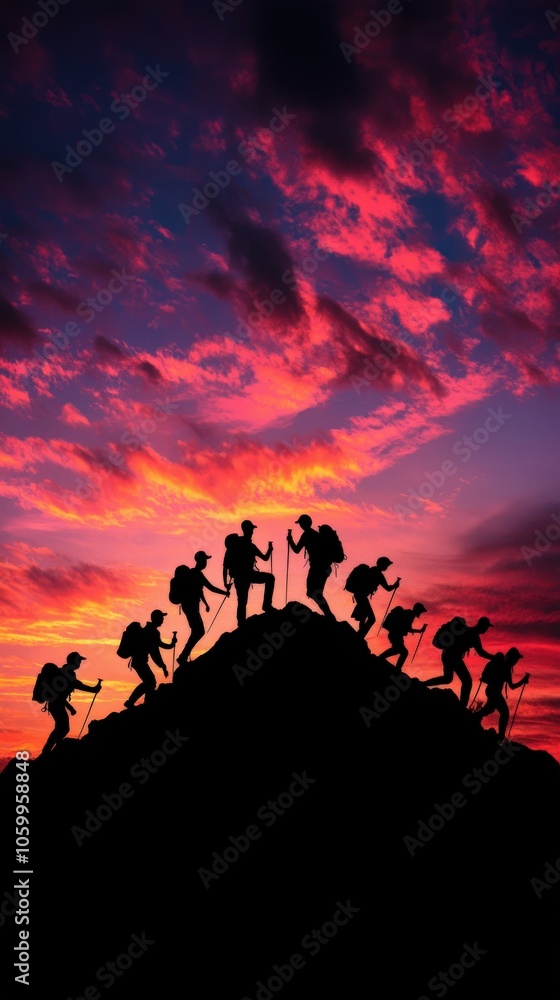 Fototapeta premium Adventurers Conquering Peaks Under a Vibrant Sunset Sky