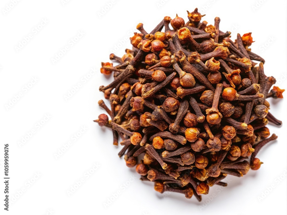 Obraz premium Isolated Dry Spice Cloves on White Background - Top View Flat Lay for Culinary Use, Cooking, and Aromatic Spice Recipes
