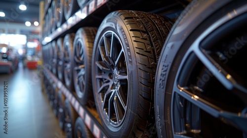 Close-up of New Tires on a Shelf