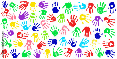 colorful hand print seamless pattern silhouettes human handprint, kid or children, school or kindergarten, together support, stopping the violence, harassment for against action vector illustration