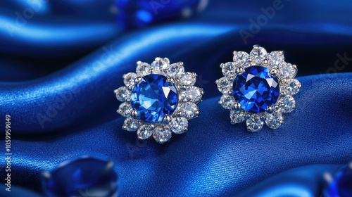 Close-up photo of earrings on a dark blue satin background, showing the high-end jewelry design.