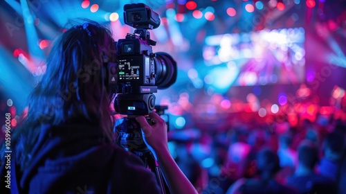 Professional Cameraman Filming Live Event with Vibrant Stage Lighting and Audience in Background photo