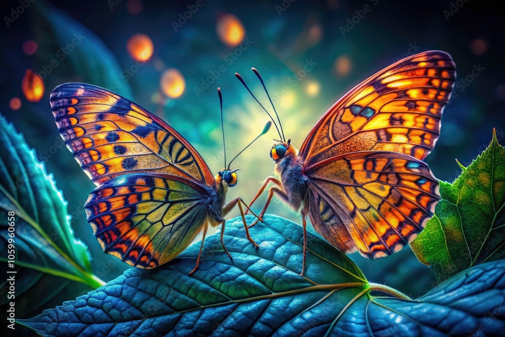 Obraz premium Macro Night Photography of Butterflies Mating on Poison Ivy Leaf in Midsummer Nature Close-Up Scene, Capturing Intricate Details and Vibrant Colors