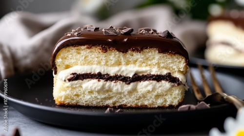 Wallpaper Mural Chocolate Eclair with Cream and Glaze on Black Plate Torontodigital.ca