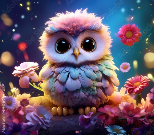 Cute cartoon owl in a clearing in beautiful flowers.