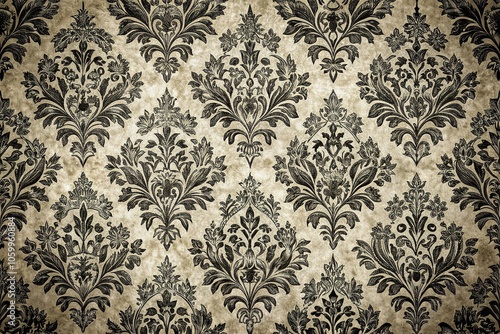 Classic damask print featuring intricate black and white floral motifs on a textured background, floral motifs, traditional wallpaper