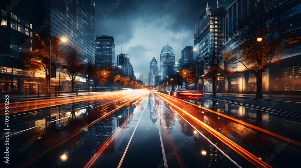Obraz premium Traffic-jammed highway stretches into the neon-lit Chinese cityscape