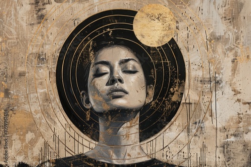 Abstract Portrait of Woman with Golden Halo and Textured Background