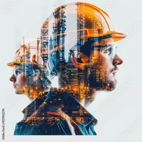 Dual Exposure: Engineers in Hard Hats Overlaid with Urban Industrial Landscape