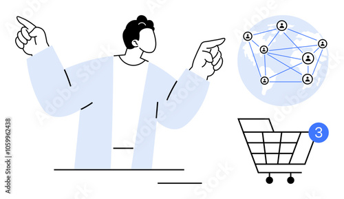 Man pointing towards a network of connected people and a shopping cart with notification icon. Ideal for e-commerce, online communication, social media, customer engagement, digital marketing