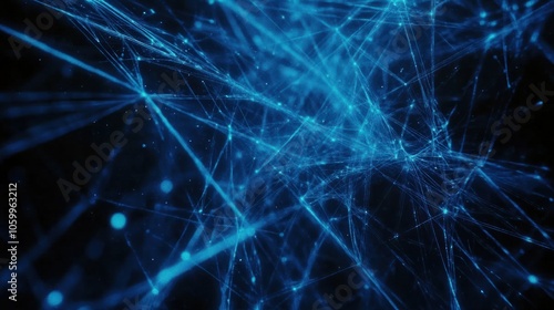 Bright blue network nodes and lines on a dark background, forming an intricate digital web