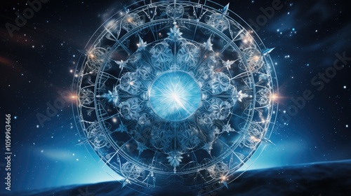 Intricate Cosmic Mandala with Radiant Center in Vast Space with Starry Background photo