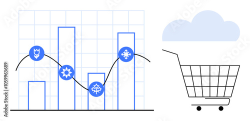 Bar chart with seasonal icons and trend line, connected to a shopping cart and cloud symbol. Ideal for data analysis, business, e-commerce, market research, and cloud computing. Simple vector style