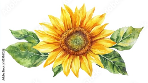 Wallpaper Mural Bright watercolor sunflower with vibrant yellow petals and green leaves, symbolizing cheer, isolated on transparent background Torontodigital.ca