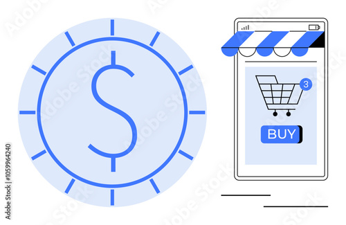 A large dollar sign in a circle next to a smartphone screen displaying a shopping cart and buy button. Ideal for online shopping, e-commerce, digital marketing, mobile commerce, economic