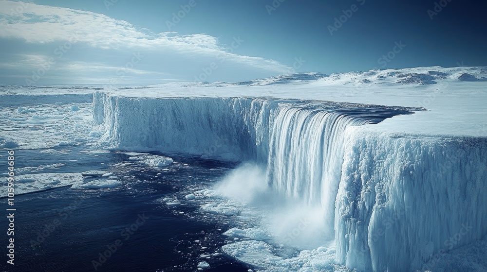 a waterfall cascading from the edge of a massive ice sheet into the ocean. The icy landscape is vast and stretches out across the horizon, creating a striking contrast against the white and blue tones a waterfall cascading from the edge of a massive ice sheet into the ocean. The icy landscape is vast and stretches out across the horizon, creating a striking contrast against the white and blue tones