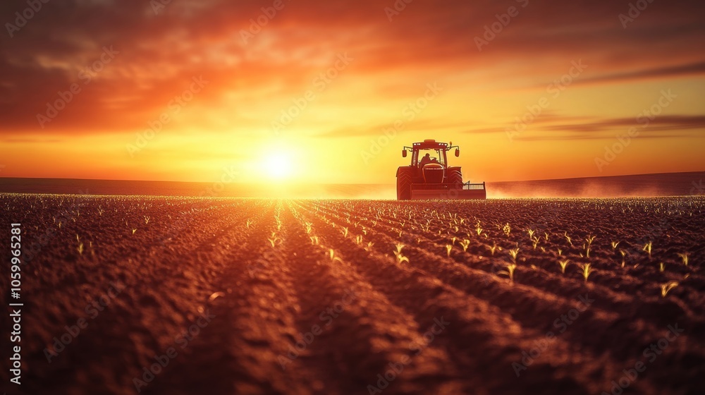 Fototapeta premium Tractor Sunset Field.