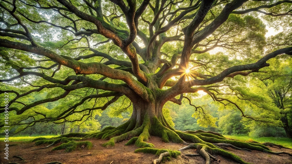 Fototapeta premium Ancient oak tree with gnarled branches and roots exposed in a forest clearing, nature, leaves, oak tree, outdoors, foliage