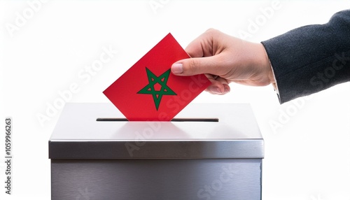 モロッコの国旗の投票用紙を投票する手と投票箱。選挙。(Hand and ballot box voting a ballot paper with the Morocco flag on it. election.)
 photo