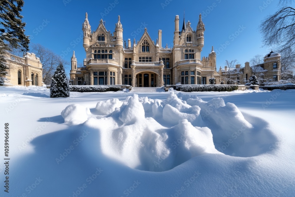 Obraz premium Blizzard around an old, dark castle with snow piling up and shadows falling, capturing the dramatic and intense beauty of gothic winter scenes, symbolizing mystery and intensity