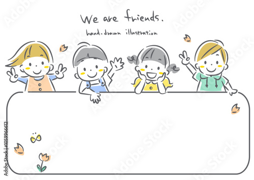 元気な子どもたちの春のフレーム　シンプルでかわいい線画イラスト