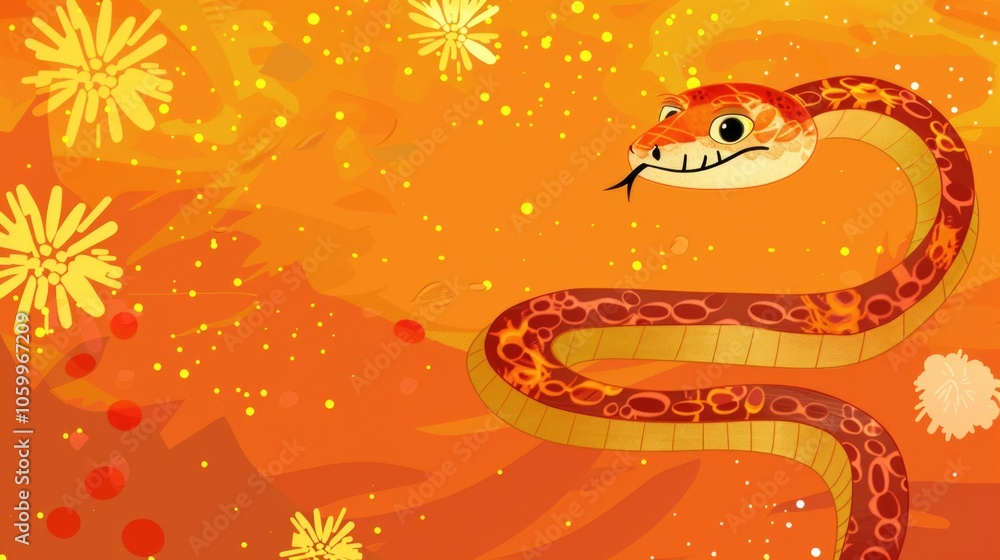 Obraz premium Beautiful cute cartoon snake. Exotic reptile. Symbol of the New Year. Background for the design of cards and invitations for the Christmas holidays.