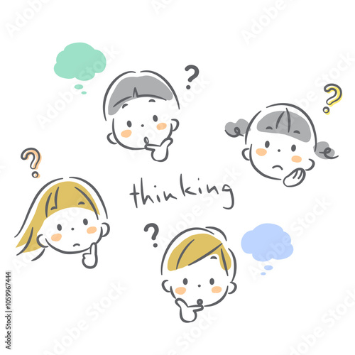 考える子供たち　カラフルでかわいい手描きイラスト