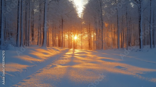 In the early morning, the sun rises over a serene forest blanketed in fresh snow, casting golden light across the tranquil landscape and creating long shadows.