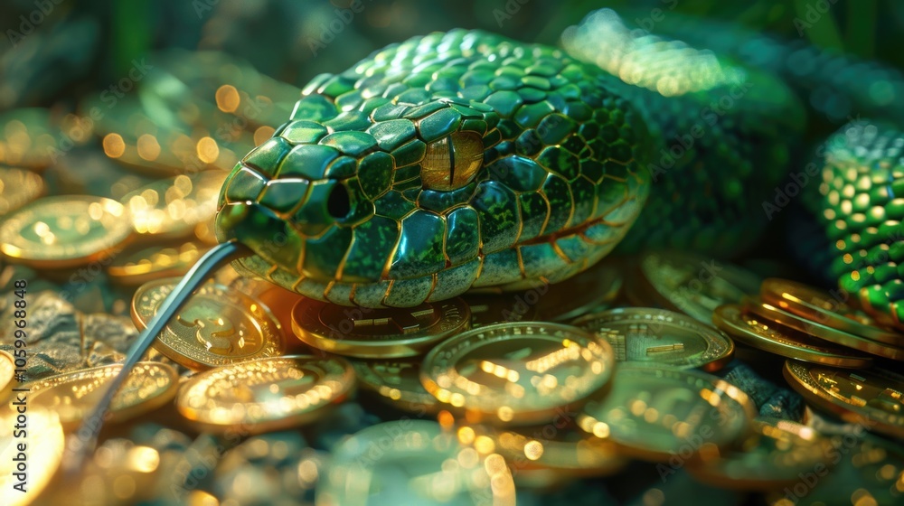 Fototapeta premium Green snake surrounded by gold coins