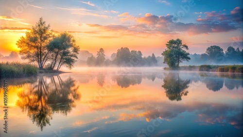 A misty morning scene with water reflecting the soft hues of sunrise over a tranquil lake, peaceful dawn, natural light, color gradations, mist, sunrise