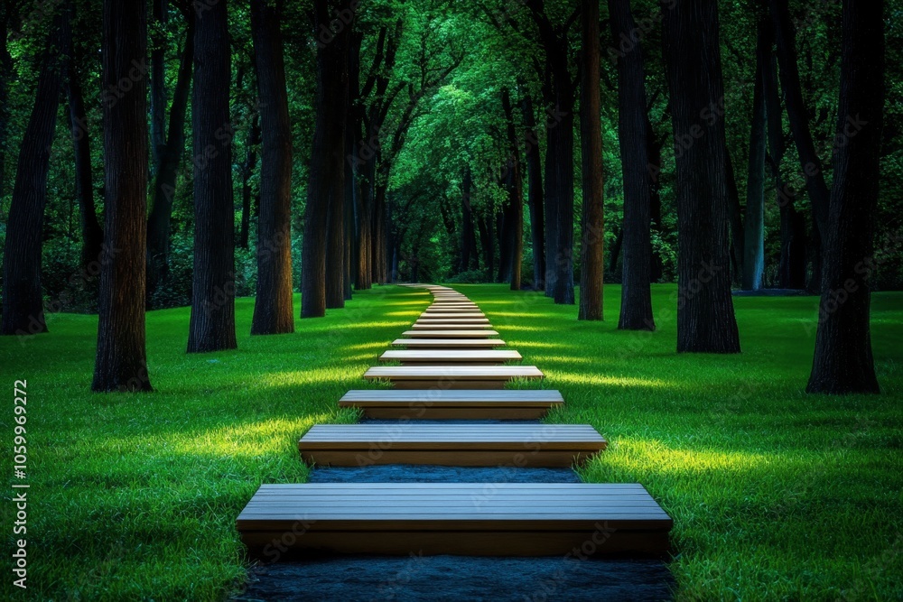 Obraz premium Dimly lit forest path at night, with moonlight filtering through the trees and shadows covering the ground, capturing the mysterious and serene beauty of darkness in nature, symbolizing solitude