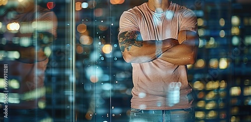 Tattooed Man in Pink Shirt Reflects in Vibrant City Lights at Night photo