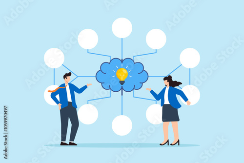 Flat illustration of two business people present mind map diagram and lightbulb thinking solution research plan visualizing idea easy problem solving and decision making