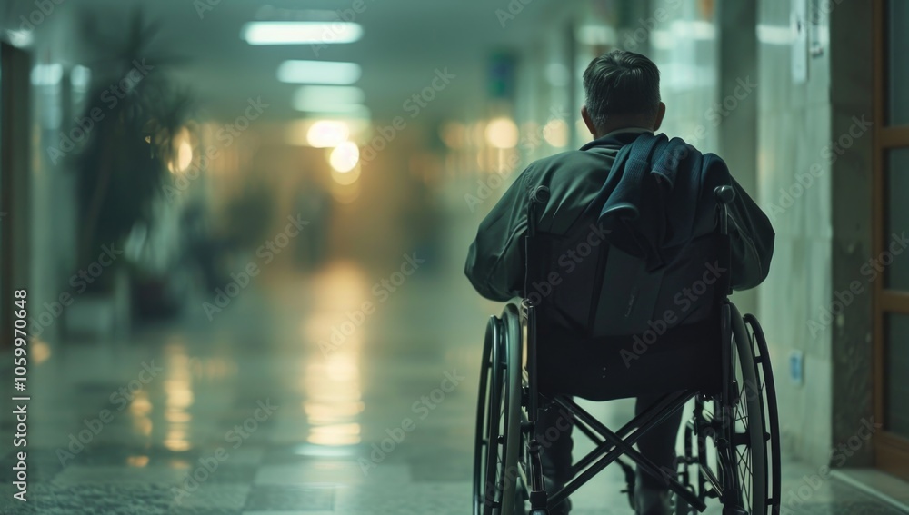 Obraz premium Elderly Man in Wheelchair Navigating Hospital Corridor Under Dim Lighting